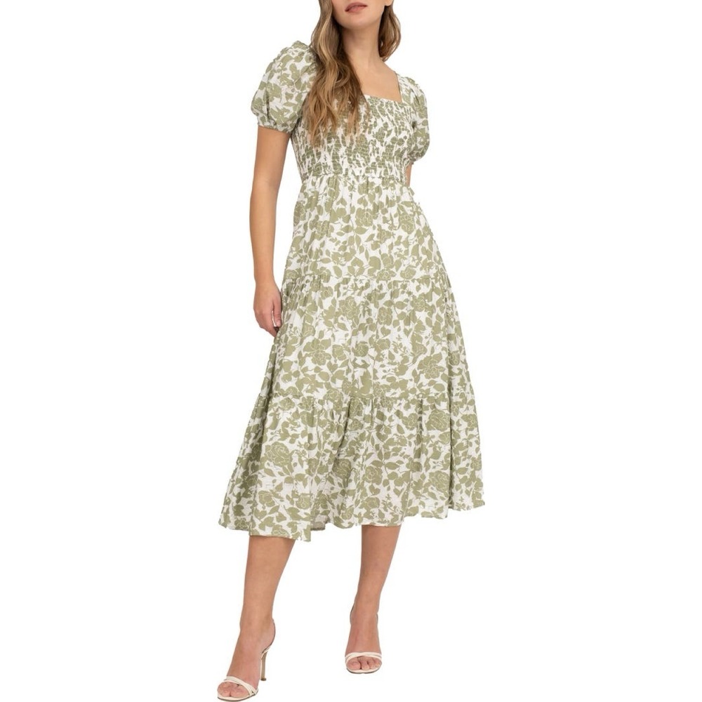 August Sky Olive Green Floral Puff Sleeve Smocked Midi Dress Size Large NWT